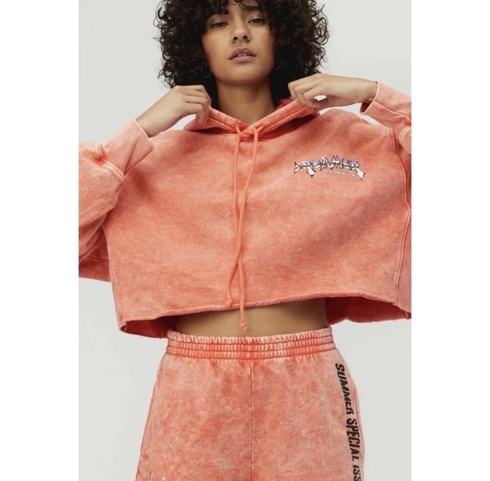 Daydreamer Hard Rock Magazine Cropped Cream Orange Hoodie Size S USA Cotton Boho